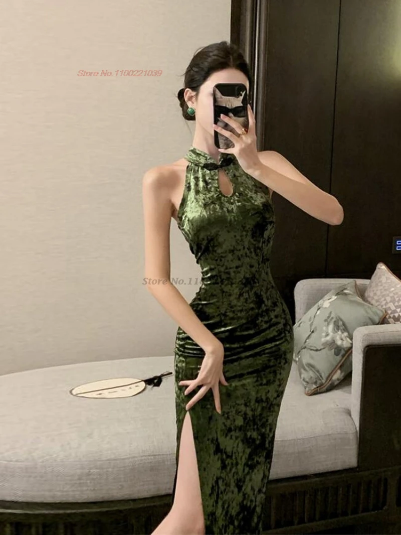 

2026 китайское сексуальное бархатное платье Ципао без рукавов, традиционное вечернее платье с цветочным принтом, винтажное платье для банкета и ночного клуба