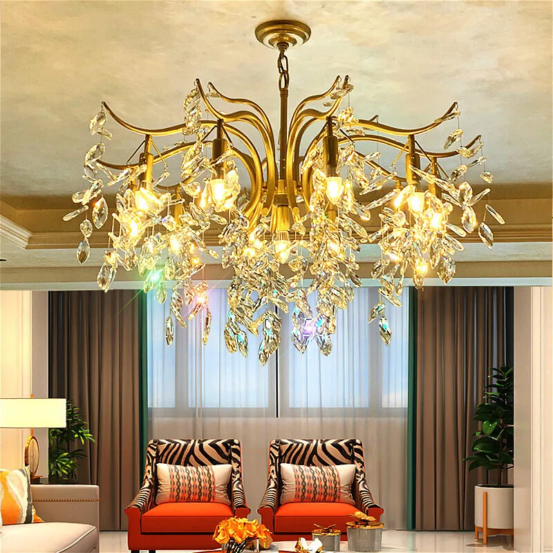 Golden luxury LED crystal chandelier hotel villa dining room living room bedroom kitchen high-end feeling branch chandelier