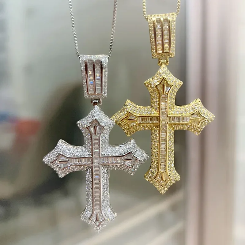 New 925 Silver Exquisite Bible Jesus Cross Pendant Necklace for women men Crucifix Charm Simulated Platinum Diamond Jewelry