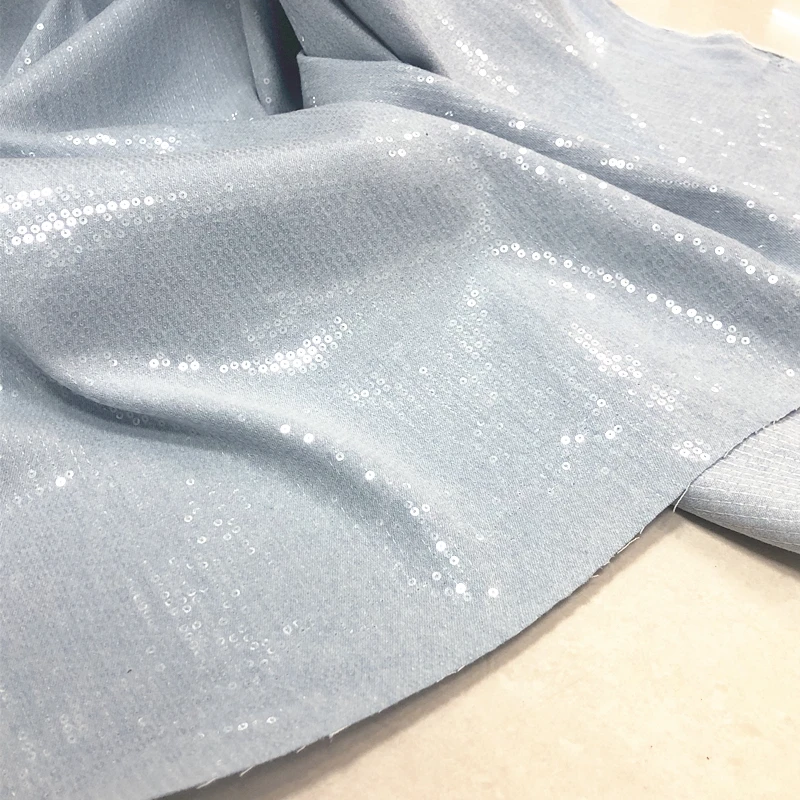 Light Blue Pink White Thin Denim Transparent Small Sequins Fashion Fabric, Coat Skirt Sequin Denim Fabric