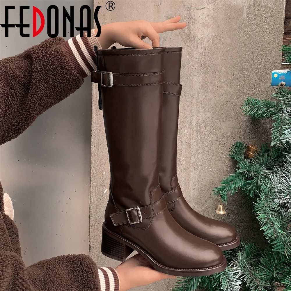 FEDONAS Women's Knee High Boots Buckles High Tube Thick Sole Fashion Boots Round Toe Platforms High Heels Shoes Commuting