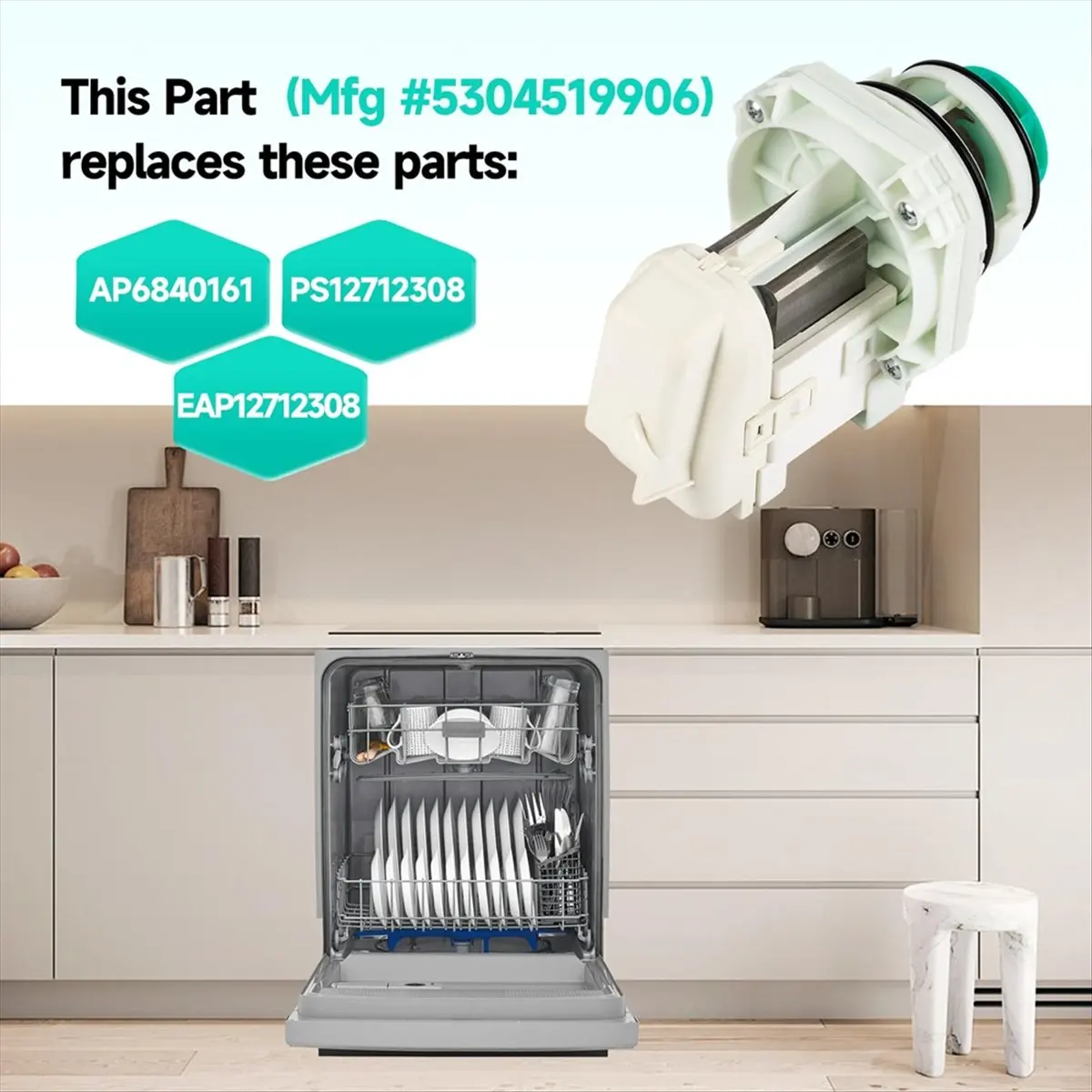 Bomba de máquina de lavar louça e conjunto de motor 5304519906 AP6840161 para Frigidaire IKEA White-Westinghouse PS12712308 EAP12712308