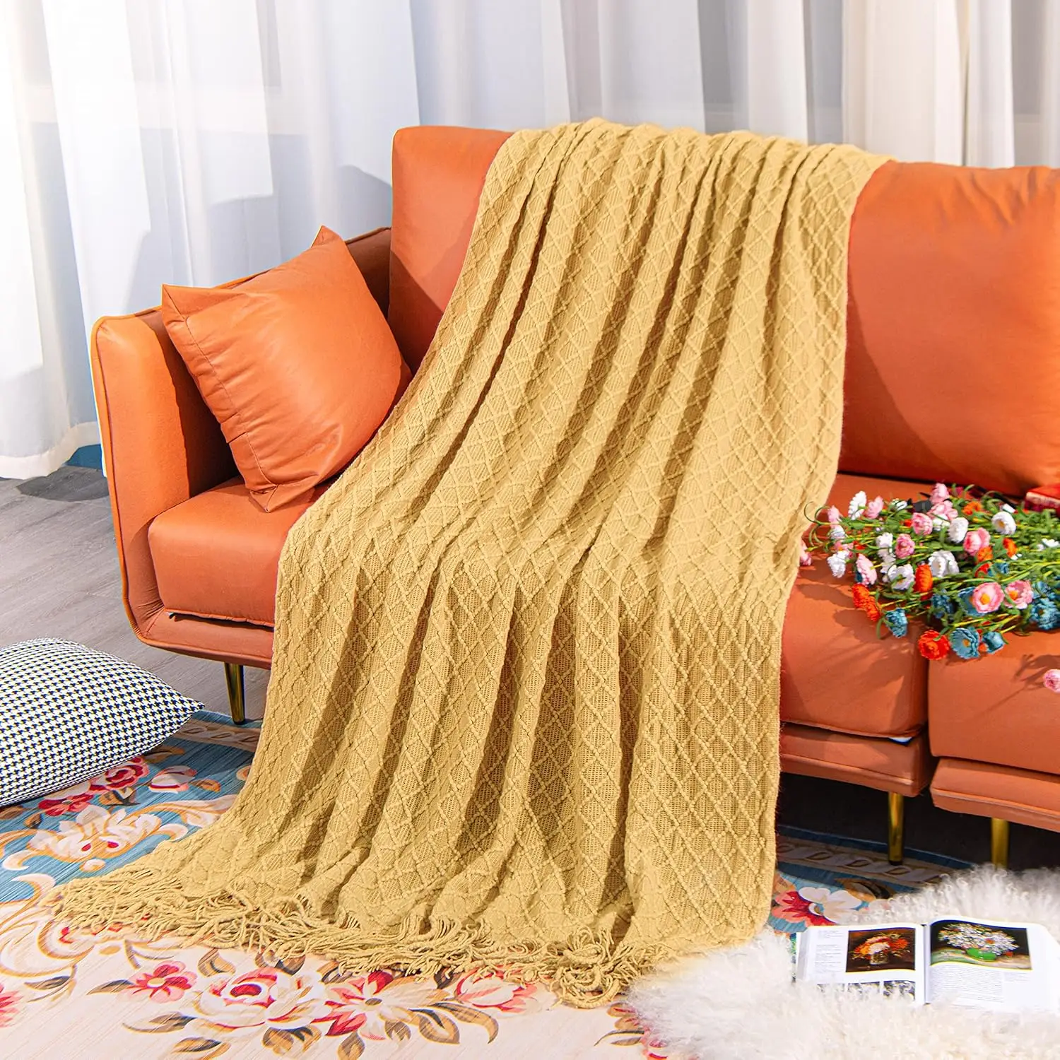 

Knitted Throw Blanket Soft Cozy for Couch Yellow Living Room Home Decor Outdoor Lightweight Blanket with Tassels Warm Woven