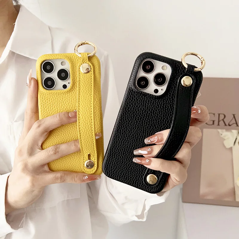 Litchi Patterned Leather Wrist Strap Holder Color Dustproof Phone Case for iPhone 15 14 13 12 Pro Max Protection Cover