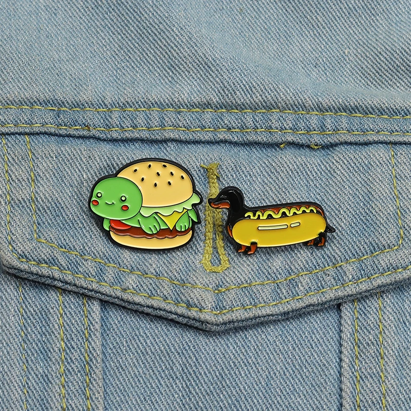 Cartoon Dachshund Hotdog Enamel Pins Funny Cute Burger Turtle Brooches Backpack Lapel Badge Creative Food Animal Jewelry Gift