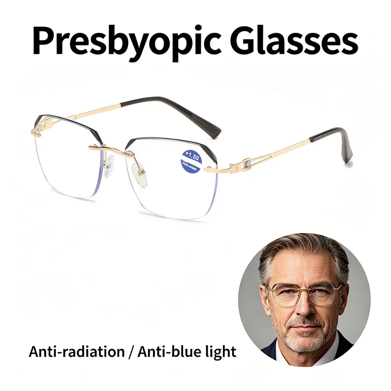 Randlose Metall-Lesebrille für Damen und Herren mit Blaulichtfilter +1,00~+4,00 Alterssichtbrille für Computer und Tägliches Tragen
