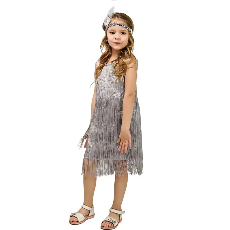 Girls 1920s Flapper Dress Kids Latin Dance Costumes Solid O-Neck Sleeveless Tassel Dress Headwear Set Halloween Party Costume