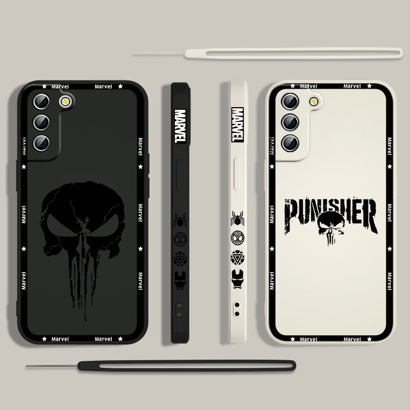 Luxury Marvel Punisher Logo Phone Case For Samsung Galaxy S24 S23 S22 S21 S20 Pro FE Plus Ultra Liquid Left Rope Cover