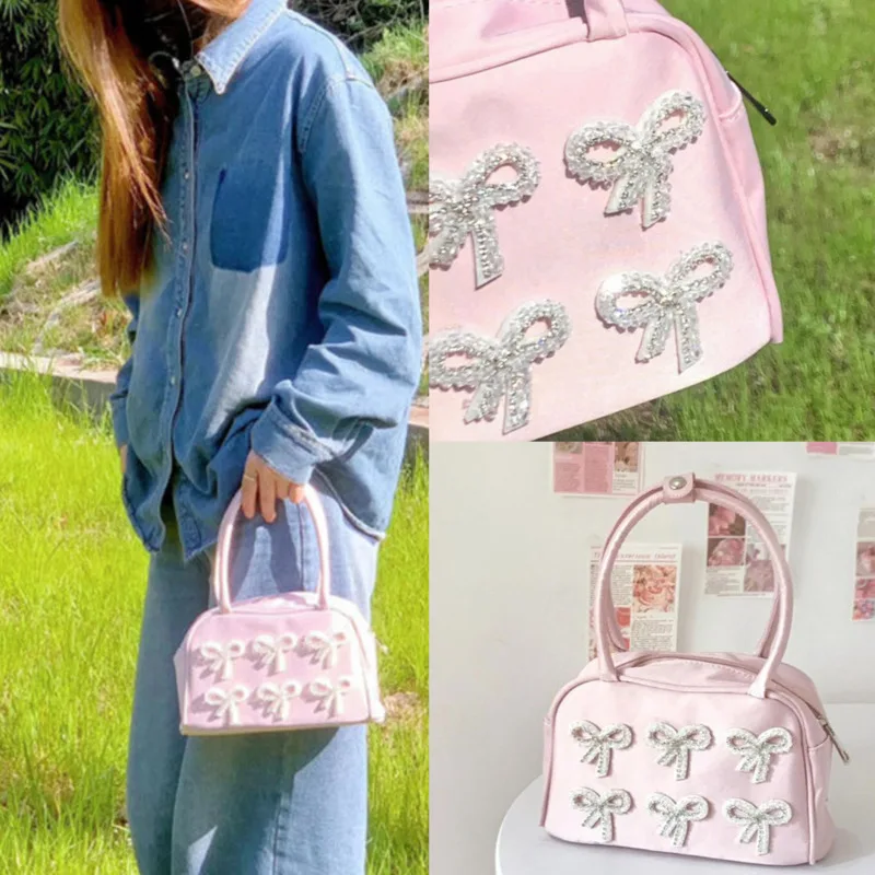 

Bow Pink ToteBag Kawaii 2024 Japan Single Shoulder Satin Handbag High Quality Versatile Commuting Stick Bag Single Shoulder Bag