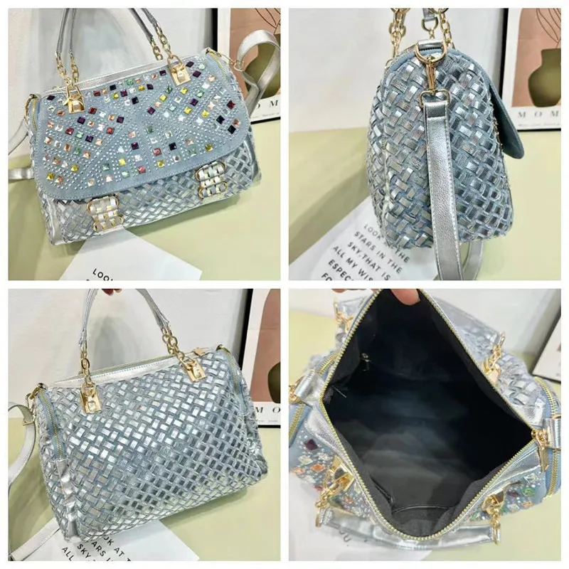 Renovate Denim jean casual women handbags designer shoulder bags rhinestone decorative womens messenger bag totes