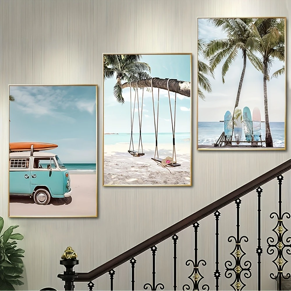 3pcs/set Blue Surfboard Car Palm Tree Seaside Scene Canvas Printing Summer Beach & Ocean Wall Art Posters for Modern Home Decor