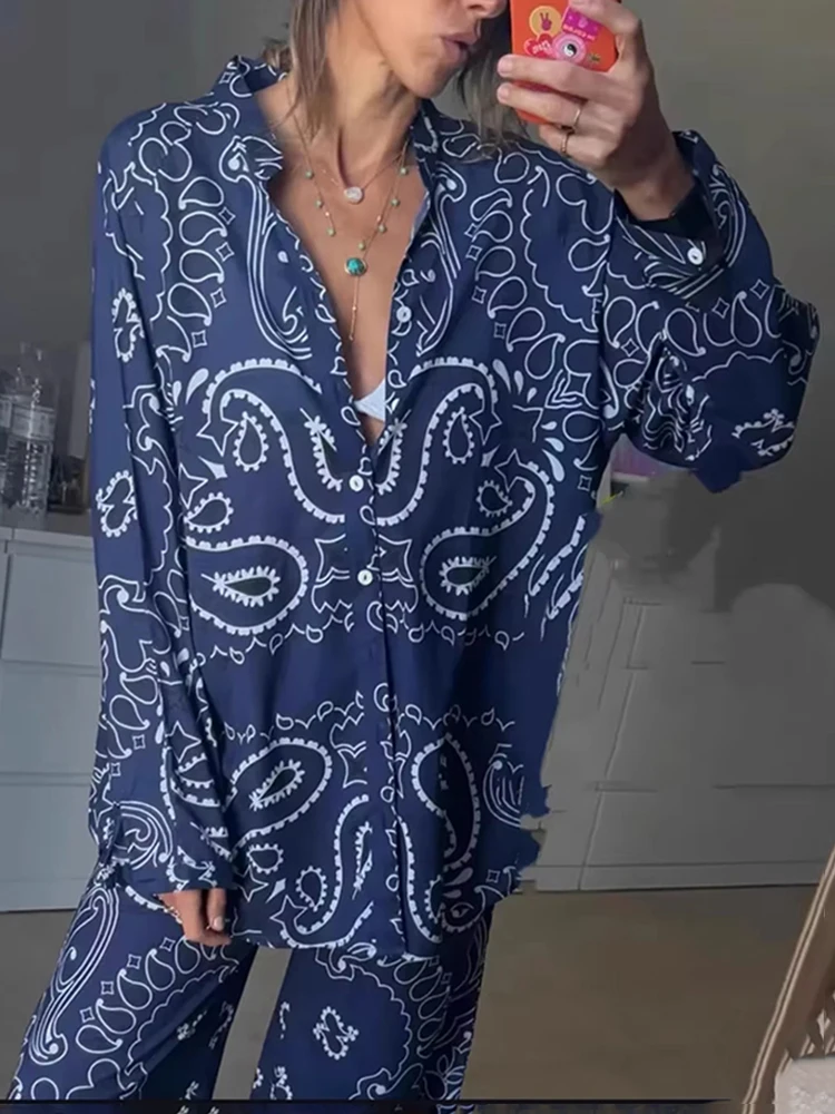 Printing Shirt Two Piece Set Full Sleeves Single Breasted Blouse Pants Casual Vacation Outfit for Women