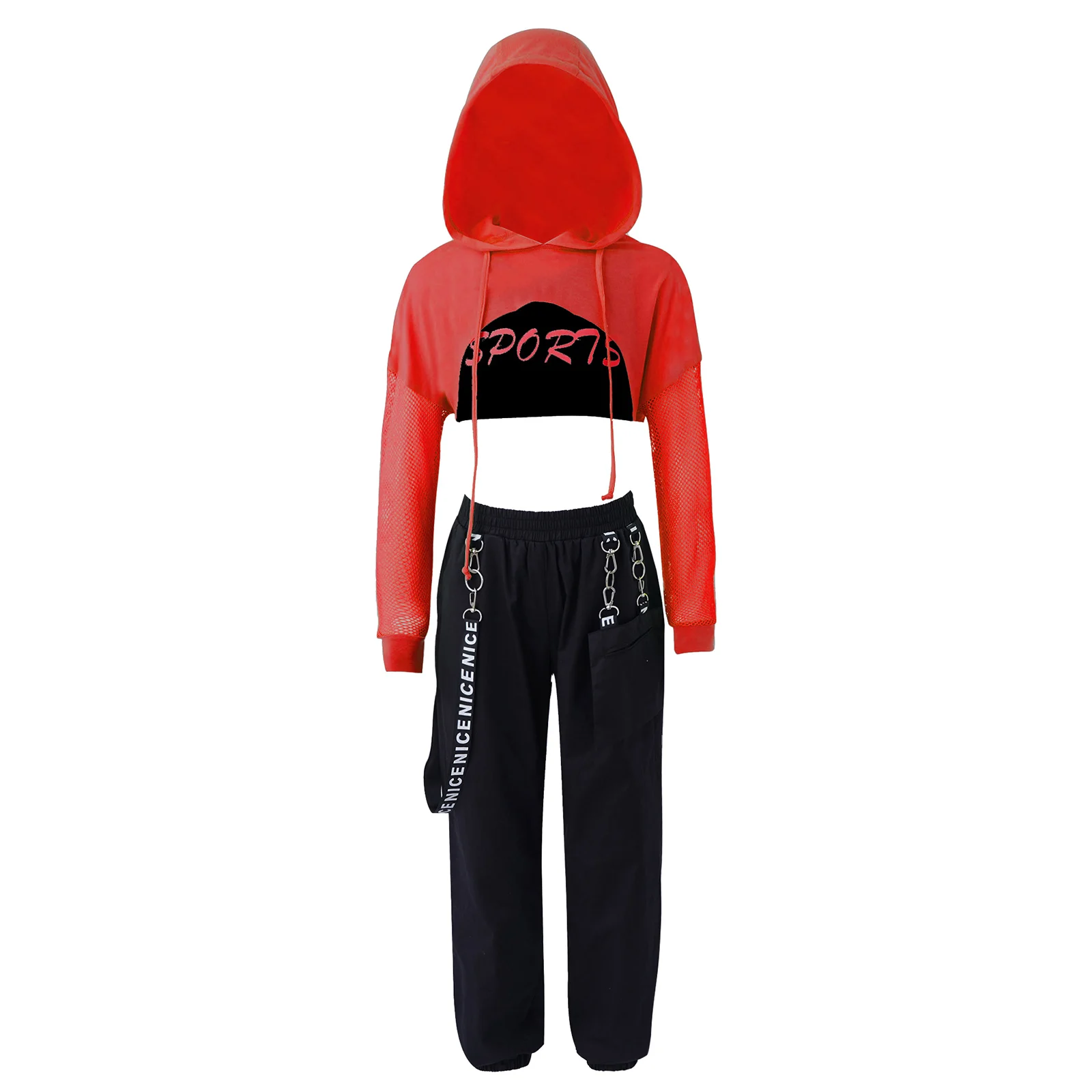 Criança meninas jazz moderno hip hop dança outfit 3 pçs com capuz mangas compridas net cobrir topos + colete calça desempenho dancewear roupas esportivas