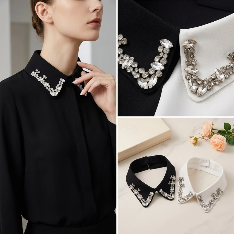 Kép 5: Sparkly strasszos Cajgvászon Ál- Csőbilincs Nők Lecsavarható Ing Gallérbőség Hajtóka Csőbilincs Pulóver ruhát ruhák dekor nyakú accessor