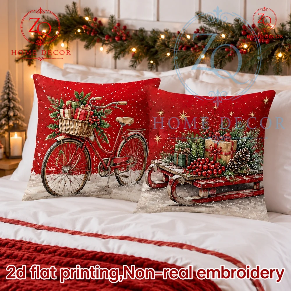 Vintage Christmas Throw Pillow Covers Retro Red Bicycle  Sleigh Holiday Cushion Cases Winter Festive Farmhouse Decor   Couch Bed