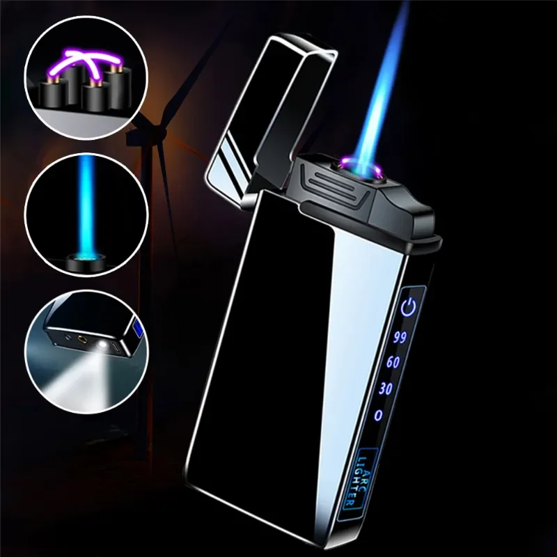 

3in1 Jet Lighter Metal Windproof Flameless Electric Lighter Power Display USB Charge Plasma Butane Gas Lighter With Flashlight