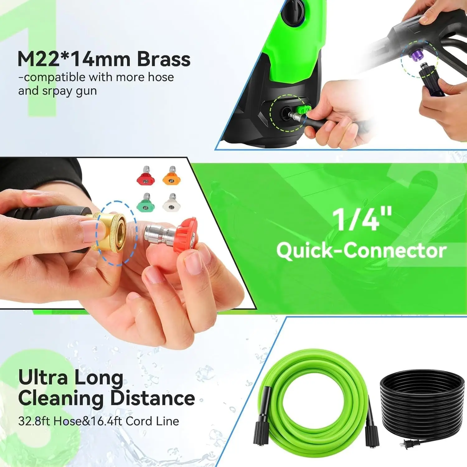 Krachtige drukreiniger met 4 mondstukken en zeepfles - Groen