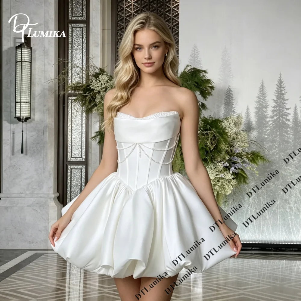 Pearl Chain Satin Mini Wedding Dresses Bubble Skirt Customized Reception Civil Strapless Bride Dress Elopement Bridal Gown