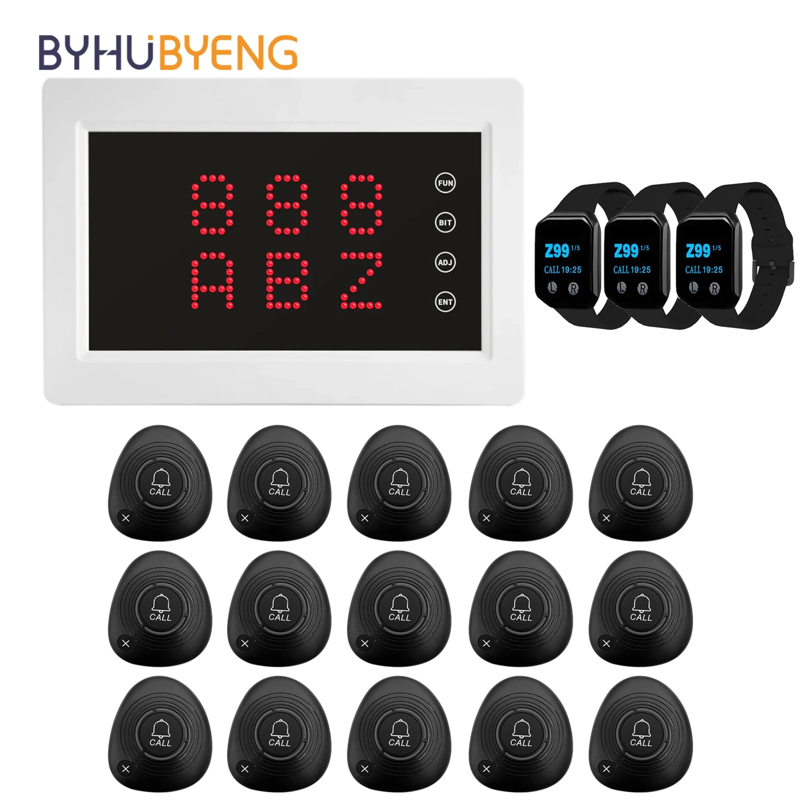 BYHUBYENG Restaurant Table Call System Wireless Waiter Calling 15 Call Button + 3 Watch Receiver+ Screen Display