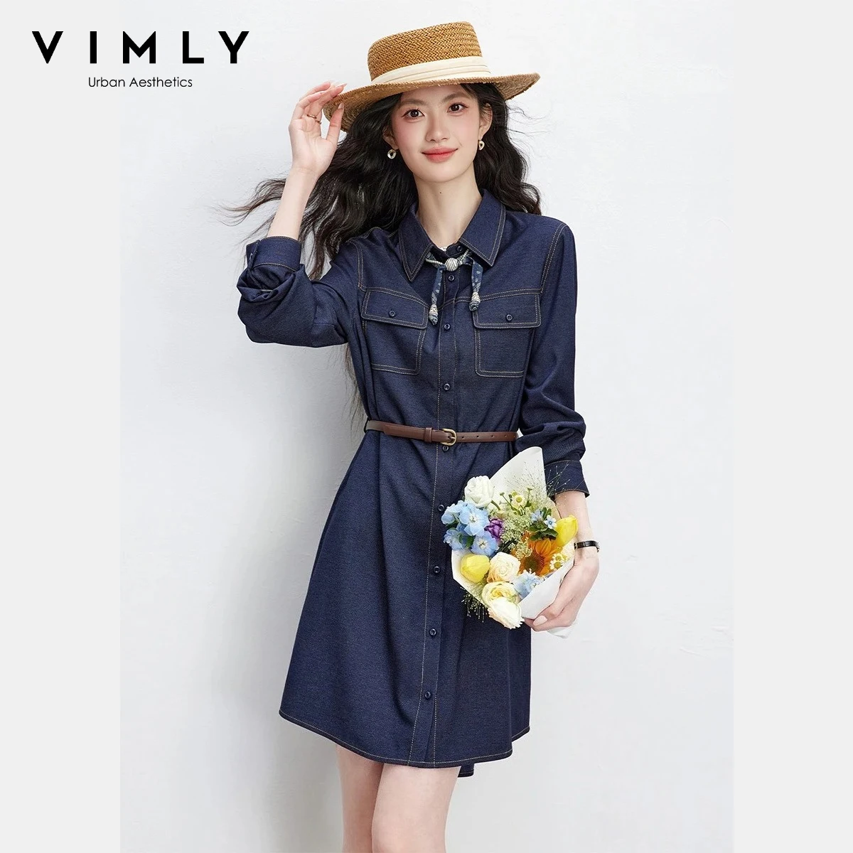 

VIMLY Women's A-Line Denim Dress 2026 Spring New Retro Casual Turn-Down Collar Detachable Belt Silk Scarf Mini Skirt A5060