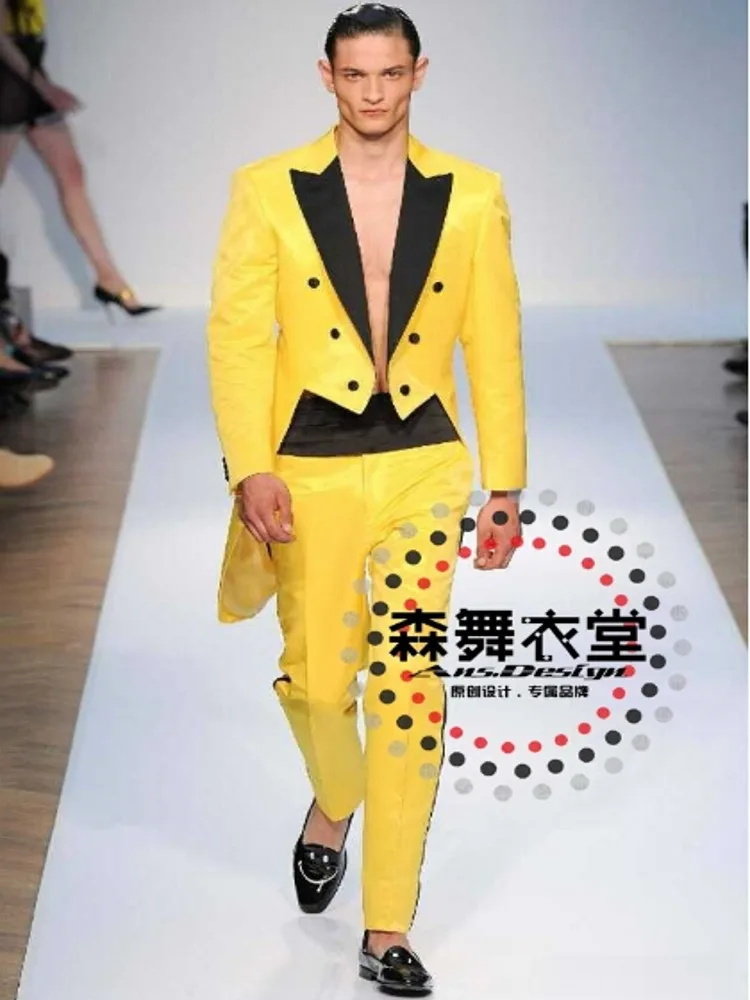 Men Bar Singer Blazers DJ Costumes Court Europe America Retro Men's Slim Jacket Suits Bright Yellow Swallowtail Formal Dress