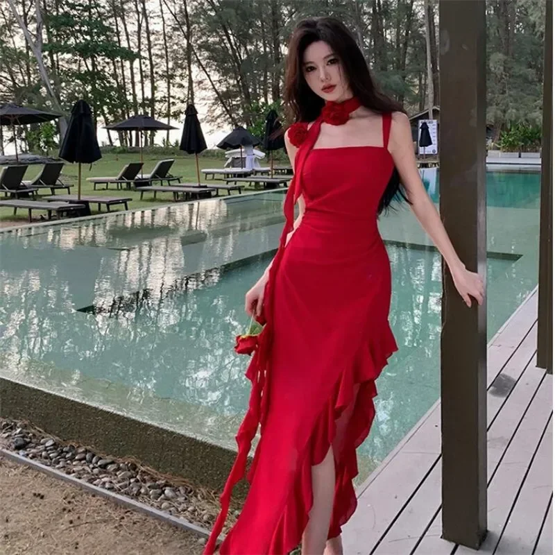 Women Fashion Slash Neck Ruffles Irregular Red Dress Spicy Girl High Split Vacation Beach Dress Summer Holiday Seaside Hot Dress