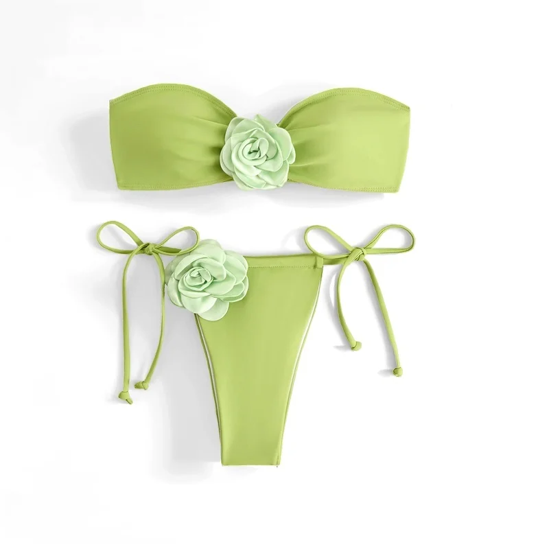 

Sexy Strapless Mint Green Bikini 3D Flower Decoration Detail Design Women's Swimsuit Two Piece Bikini Set Women Beach Swimwear