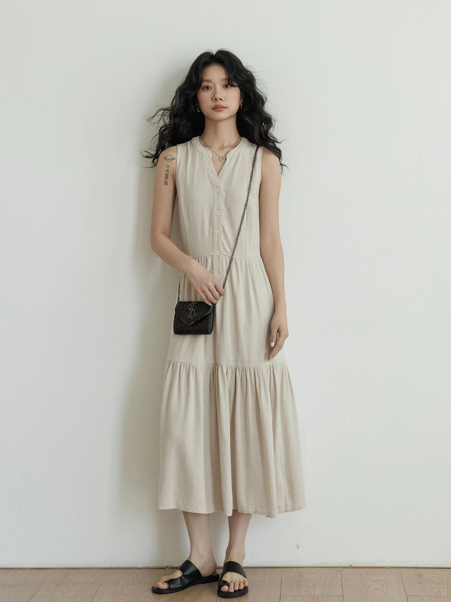 

Летнее женское платье-рубашка с V-образным вырезом из льняной смеси, повседневное, с завышенной талией, без рукавов, А-силуэт, с юбкой-трапецией из глюфайбера