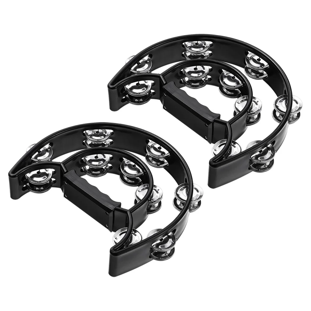 

2 Hand-ring Musical Kids Shaker Crank Percussion Tambourine Black Handheld Bell Baby