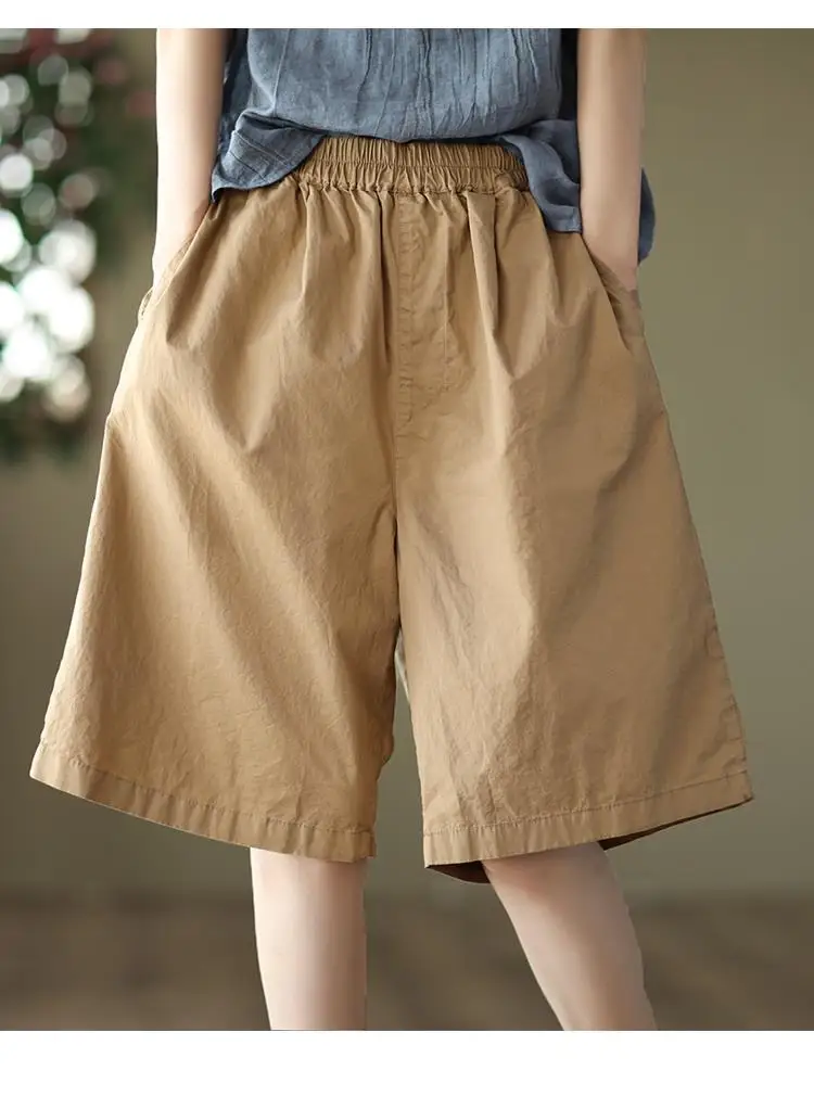 2025 New Summer Fashion Loose Cotton Linen Elastic Waist Women   Shorts Big Size High Waist Short Pants