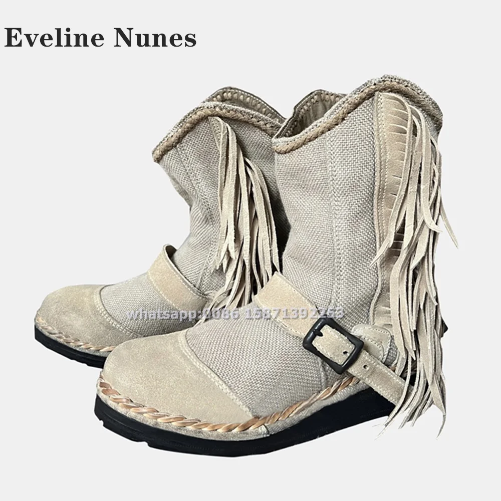 

Fringe Back Zipper Canvas Ankle Boots Round Toe Height Increasing Belt Buckle Patchwork Mid Calf Boots Street Wasteland Style