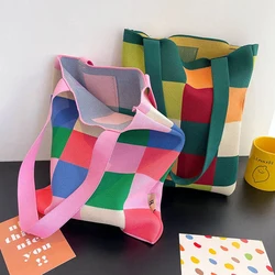 Large Capacity Knit Handbag Women Fashion Shoulder-bag Casual Color Wide Stripe Plaid Tote Bag Student Reusable Shopping Bag