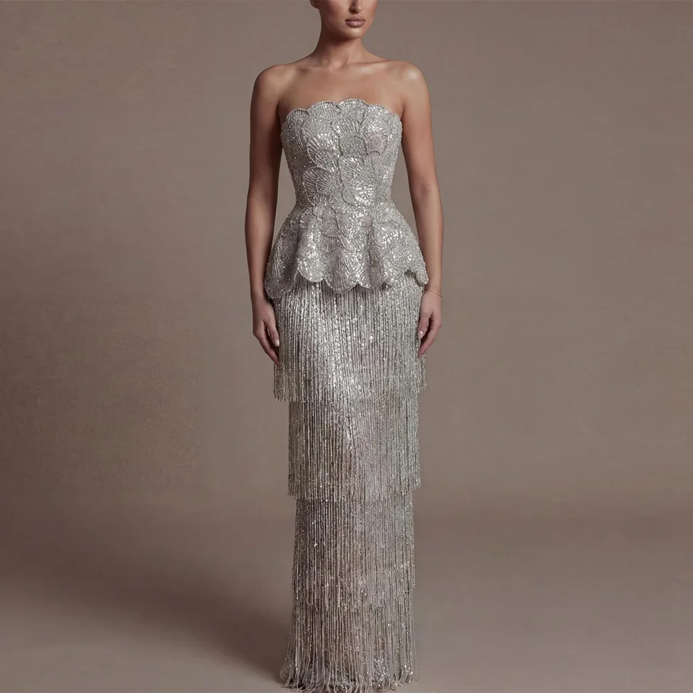 Temperament Mermaid Strapless Vestido De Noche Exquisite Sequined Evening Dress Dreamy Tiered Tassel Customized Celebrity Gowns