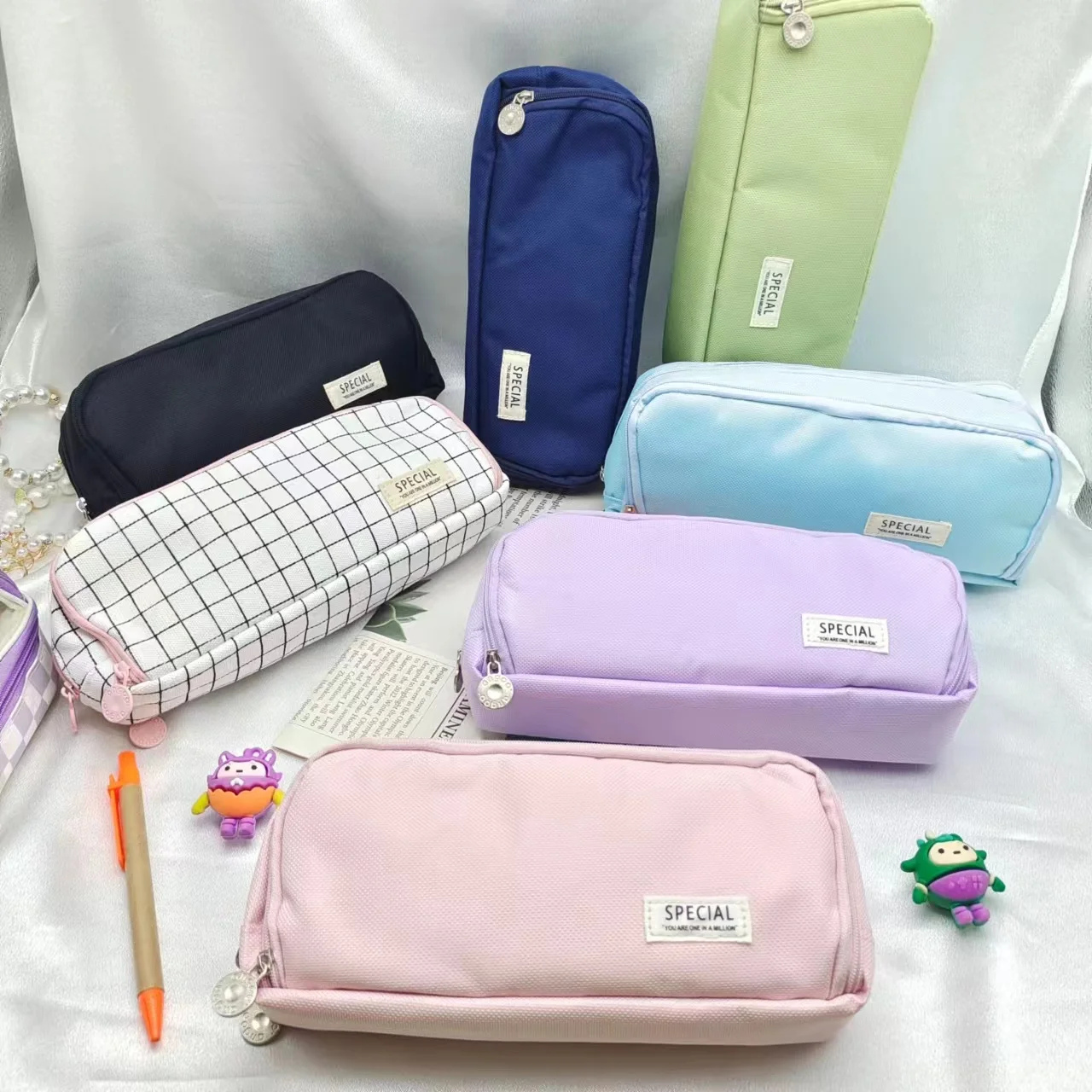 Macaron color large capacity multi-function pen bag Three-layer pen bag Pencil case Student pencil bag storage bag image 2