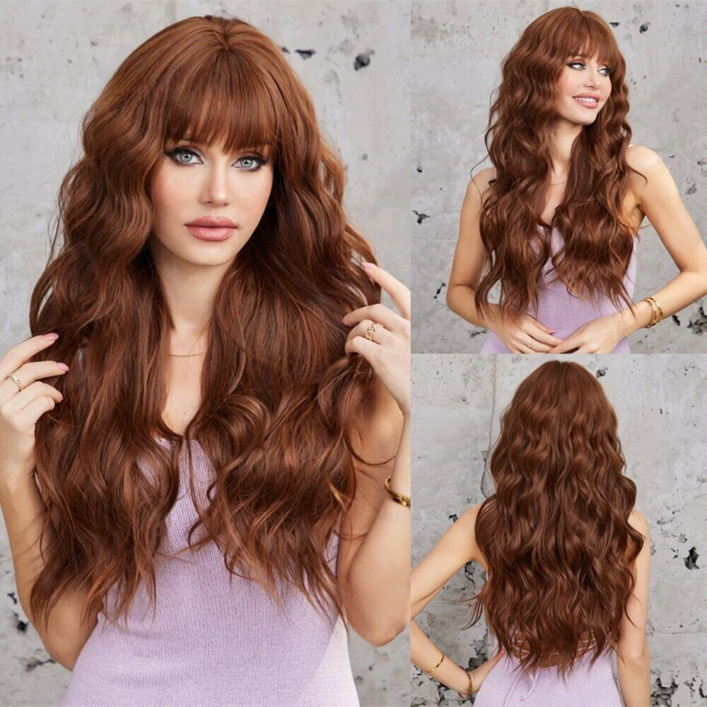 

Long Wavy Brown Wig with Bangs Curly Synthetic Wigs for Women Copper