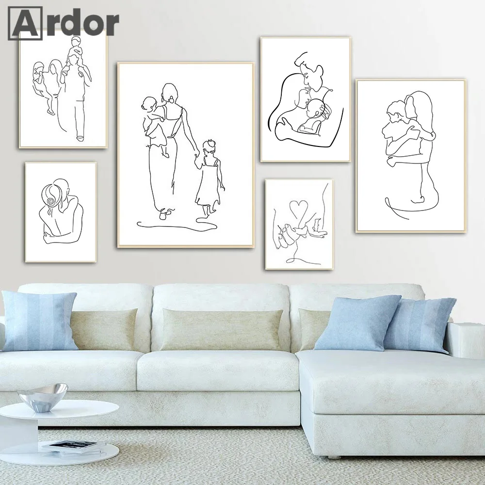 Family Quotes Prints Mom Dad Abstract Line Drawing Canvas Painting Son Daughter Wall Art Poster Pictures Living Room Home Decor