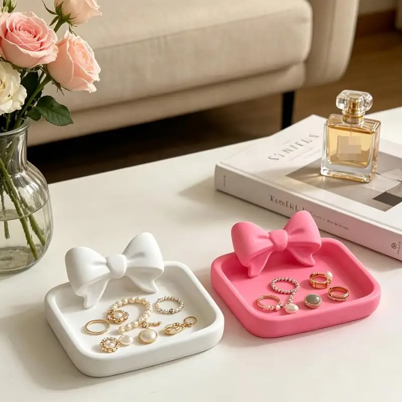 1Pcs Heart-Shaped 3D Printed Jewelry Tray With Pink Bow, Elegant Decor For Table, Sink & Office Desk, Perfect For Jewelry