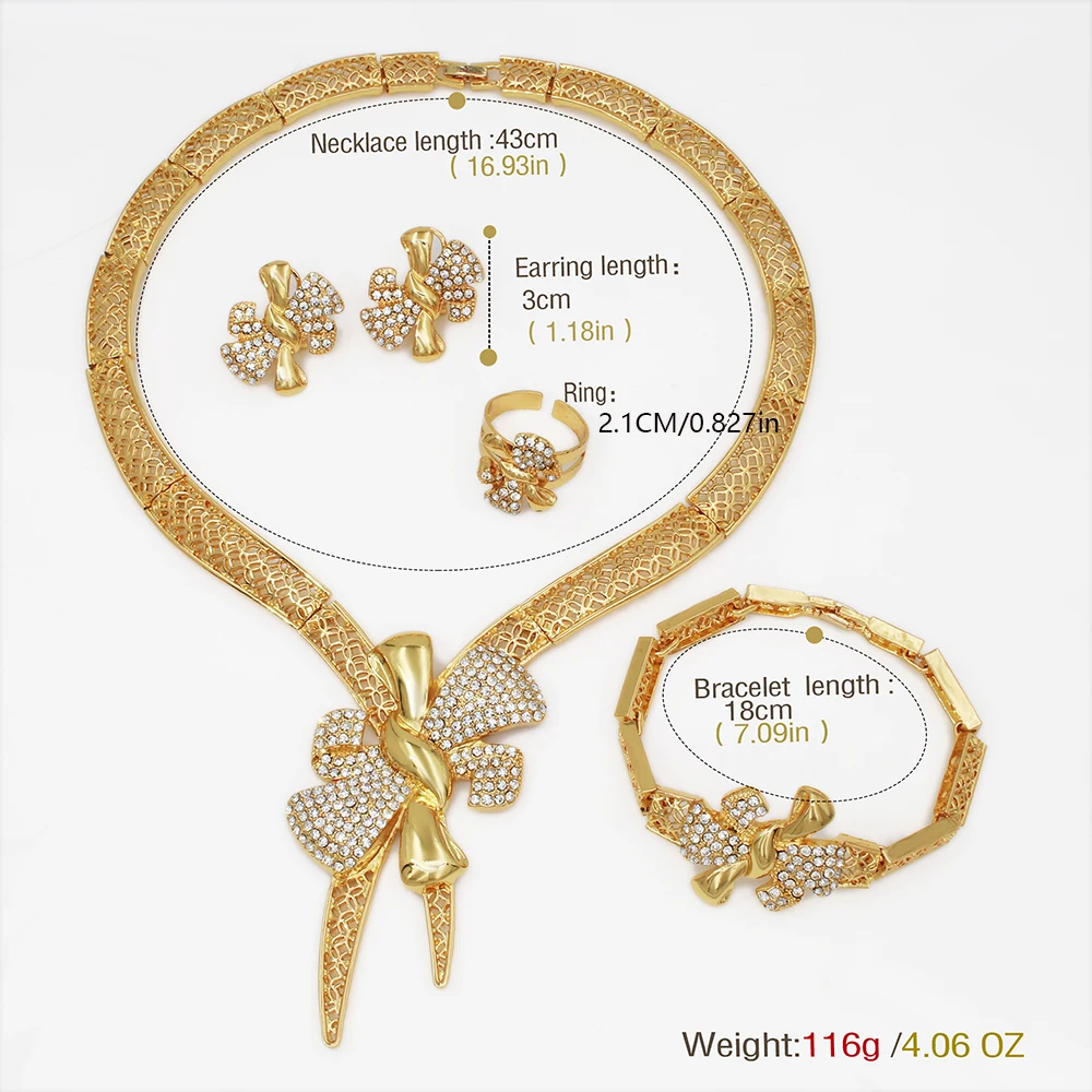 Italy 18k Gold Plated Women Jewelry Set Classic Design Bowknot Necklace Earring Bracelet And Ring 4PCS Set Jewelry Wedding Party