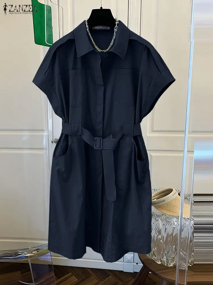 여성 캐주얼 반소매 벨트 셔츠 드레스 턴다운 칼라 버튼 업 패치워크 무릎 길이 드레스 ZANZEA 작업복 S-3XL