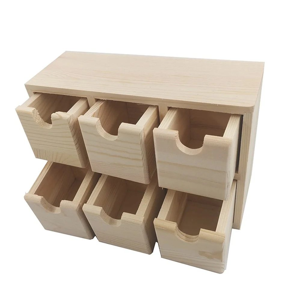 Wooden Storage Box with Six Drawers and Sliding Lid for Desktop Compact Organizer for Small Accessories Designed for Home Use