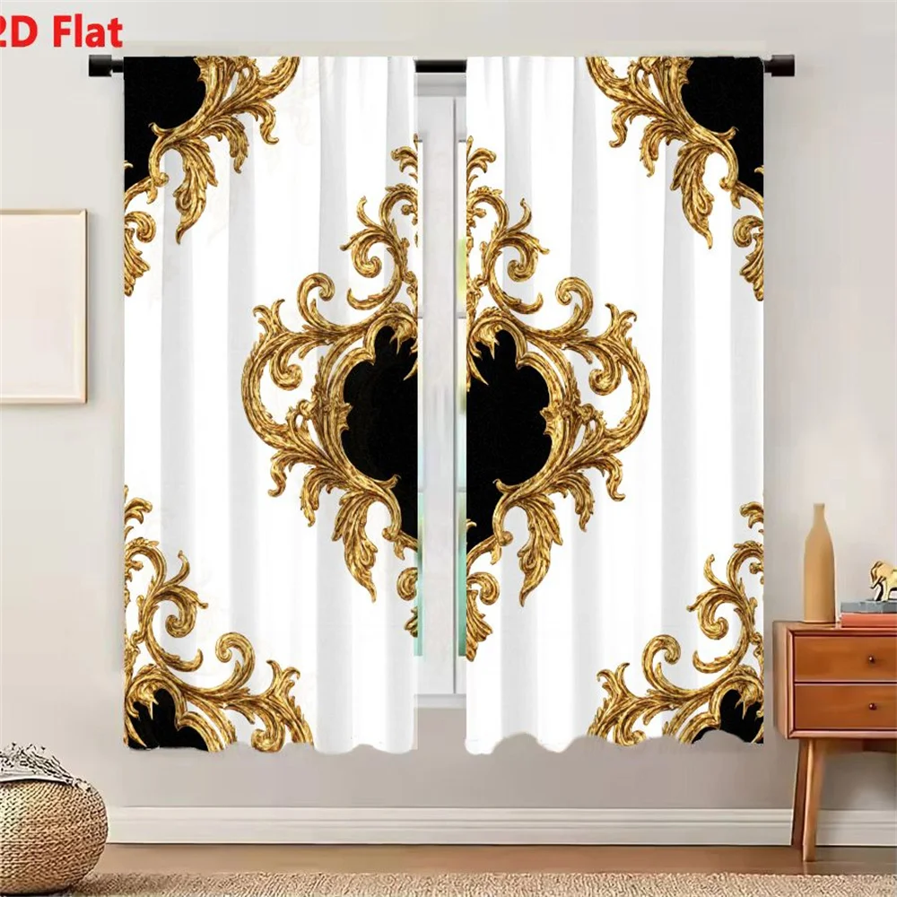 2Pcs Curtains 2D Flat Ornate Golden Baroque Rococo Decorative Motifs With Heart - Shaped Voids On White Background Repeating Pat