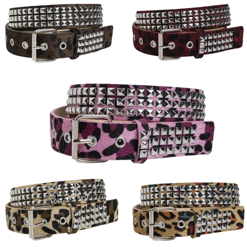 Punk Pink Fur Rivets Belt Fashionable horsehair studded Y2K leopard print belt Girdle Goth Retro Brown Pin Buckle Pu Waistband