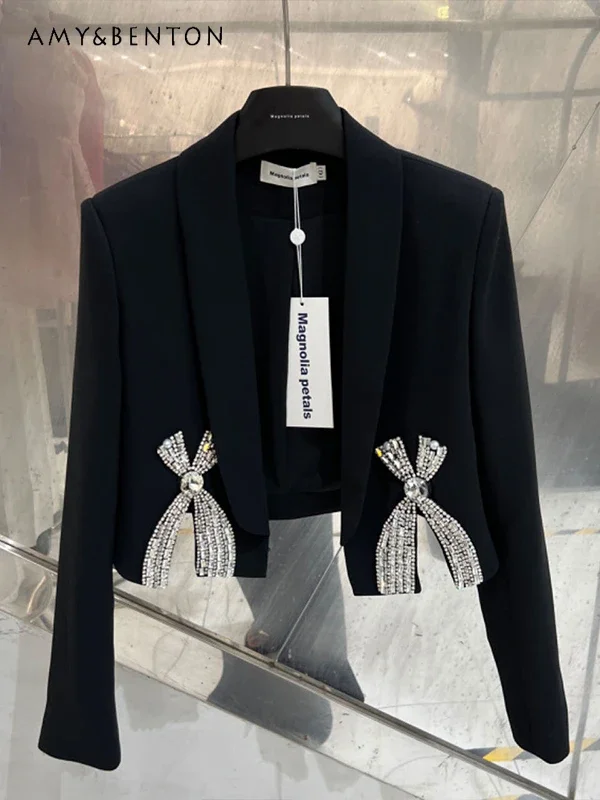 Autumn High-end Commuter Style Temperament Socialite Black Short Blazer Women Heavy Industry Rhinestone Bead Bow One Button Coat