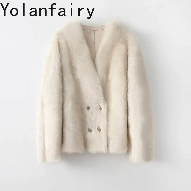YOLANFAIRY Natural Fur Coat Women Winter Luxury Real Sheep Shearling Jacket Korean Style V-neck Real Leather Fur Coats Woman