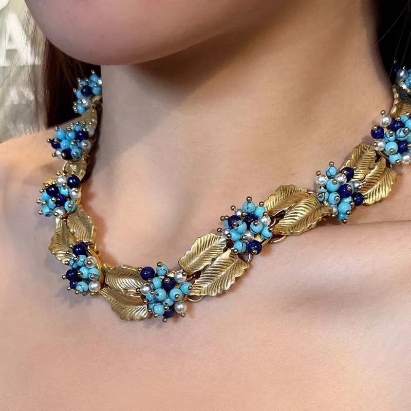 

Vintage Turquoise Jewelry Choker Necklace For Women Accessories And Luxury Gold Color Leaf Pearl Brands Designers Quality Party