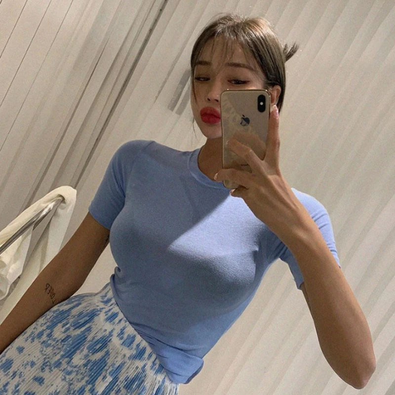 

Female O-Neck Knitted Tee Shirt 2026 Summer Retro Short Sleeve T-shirt Slim Fit Versatile Solid Tops Y2K New Woman Clothing