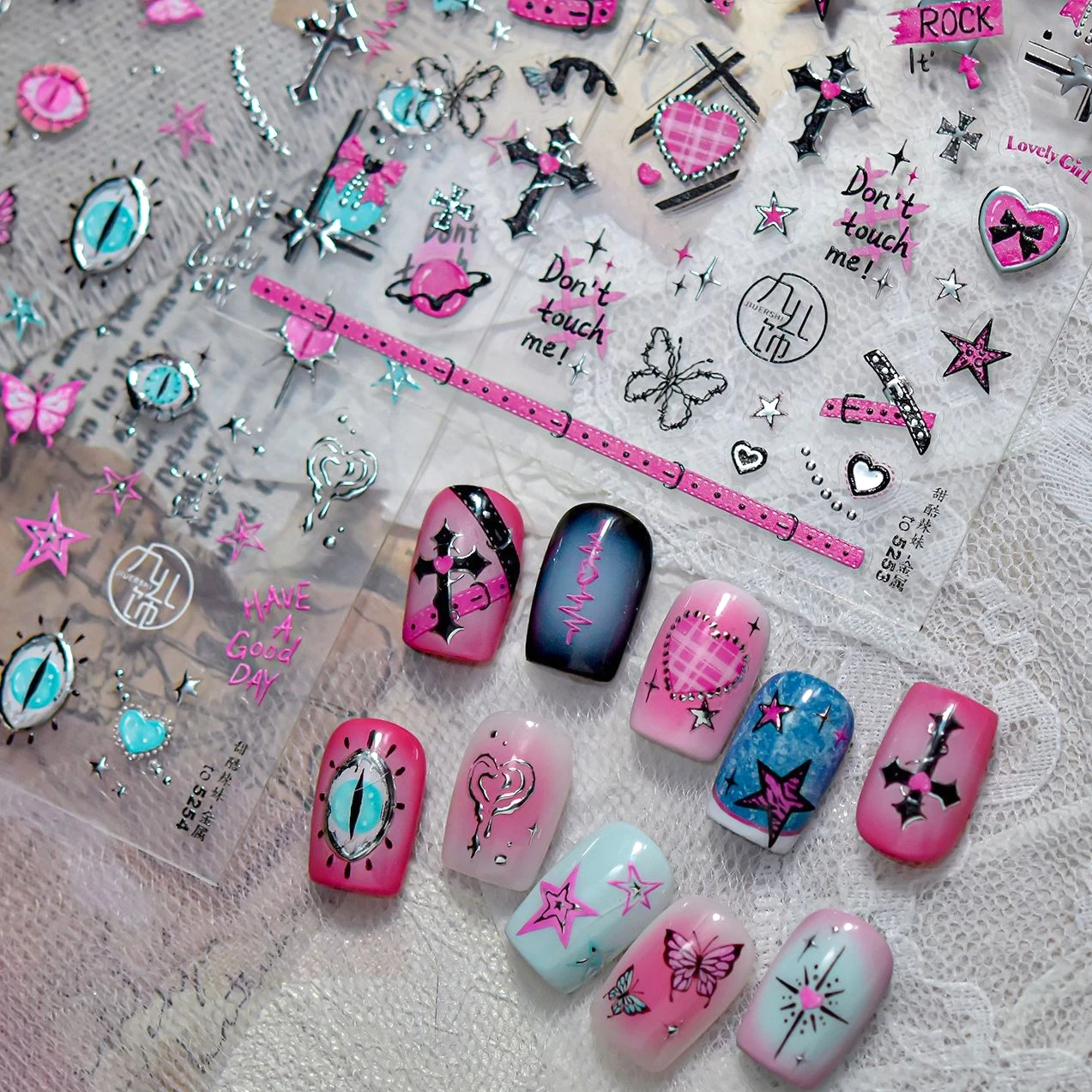 

Punk Hottie Butterfly Eyes Belt Love Heart Star Lava Dark Chain Rock Lovely Girl Self Adhesive Nail Art Stickers Manicure Decals
