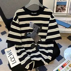 Pure Cotton Embroidered Striped Short-sleeved T-shirt for Women's New American Hiphop Retro Age-reducing Half-sleeved Loose Top