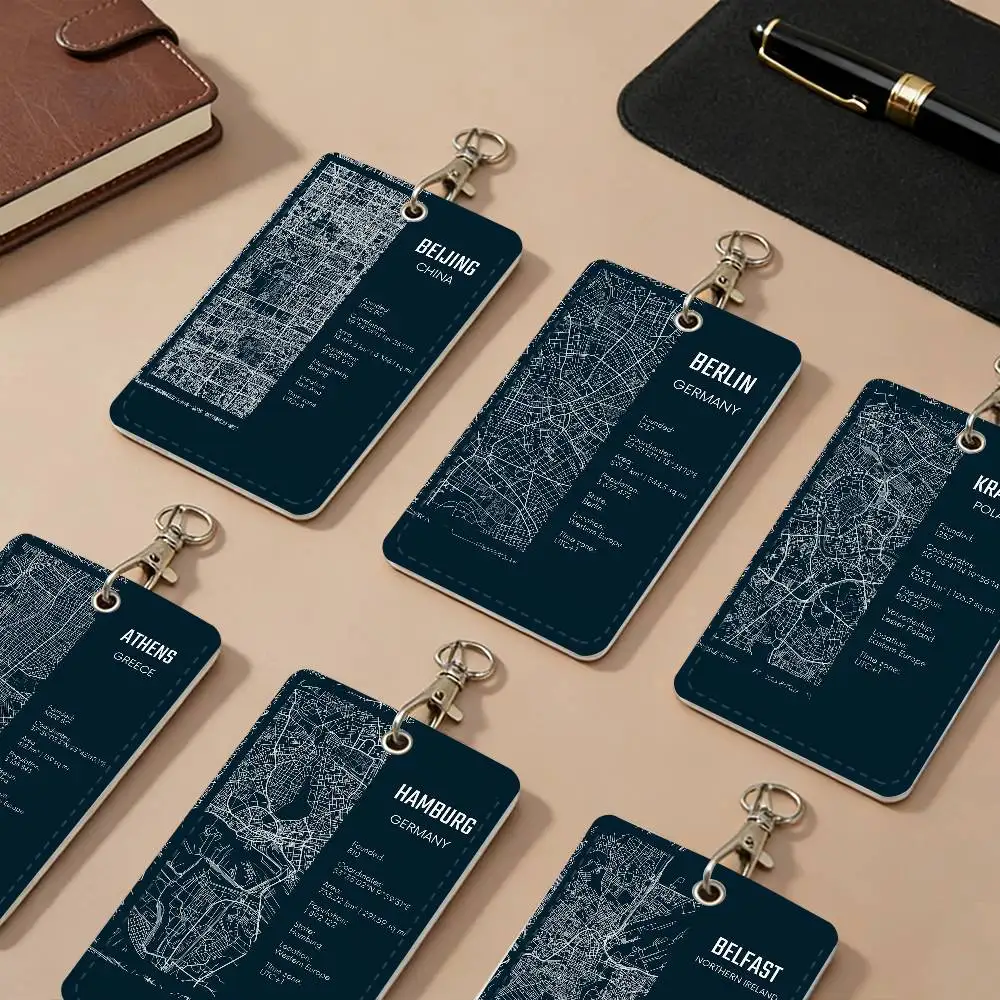 Minimalist Capital City Maps of Italy Spain United States Travel PU Leather Card Holders Anti-lost Protective Cover Cases Cards