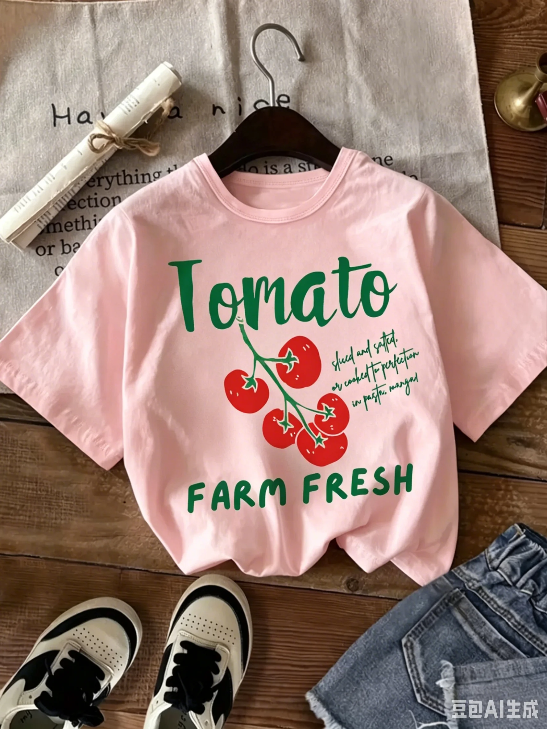 Neues Baumwoll-T-Shirt mit Tomaten-Print für Kinder, lässiger Rundhalsausschnitt, Baumwollmaterial, geeignet für den täglichen Gebrauch, Frühling, Sommer, Herbst – Detail 2